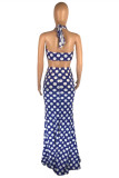 Blue Fashion Sexy Dot Print Backless Halter Sleeveless Two Pieces