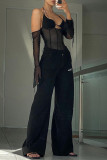 Black Fashion Sexy Patchwork Solid See-through Backless Halter Tops