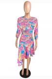 multicolor Fashion adult Casual asymmetrical Print Two Piece Suits Patchwork Pleated skirt Long Sleev