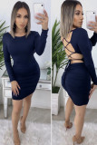 Navy Blue Milk. Sexy Cap Sleeve Long Sleeves O neck Step Skirt skirt backless Solid Draped 