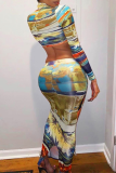 Multicolor Casual Print Patchwork Half A Turtleneck Long Sleeve Two Pieces