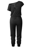 Black Sexy Fashion Solid Patchwork Cotton Short Sleeve one shoulder collar Jumpsuits