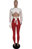 Yellow Polyester Sexy Fashion backless Patchwork asymmetrical pencil Long Sleeve Two-piece Pants Set