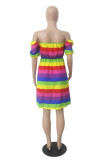 Rainbow color Lightly cooked Bubble sleeves Short Sleeves One word collar Ball Gown Knee-Length Striped Rainbow Dresses
