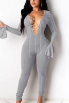 Grey Sexy Polyester Solid Bandage Split Joint O Neck Jumpsuits