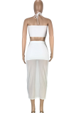 White Sexy Solid Mesh Halter Sleeveless Two Pieces
