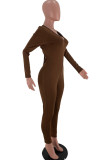 Coffee Fashion Sweet Adult Polyester Solid Draw String Backless Fold V Neck Skinny Jumpsuits