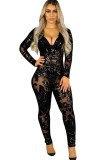 Black Sexy Solid Backless perspective Long Sleeve V Neck