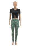 Red Casual Plaid Patchwork Skinny Mid Waist Pencil Patchwork Bottoms