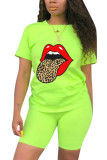 Yellow Fashion Casual Adult Print O Neck Short Sleeve Regular Sleeve Regular Two Pieces