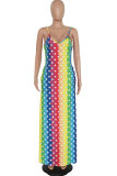 Red Fashion Sexy Spaghetti Strap Sleeveless Slip Pleated Floor-Length Print asymmetrical Patchwork