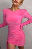 Pink Fashion Sexy Solid Asymmetrical O Neck Long Sleeve Dress