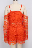 Orange Sexy Fashion Solid Patchwork lace Hollow Lace Long Sleeve O Neck Rompers