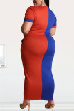Colorful blue Fashion Sexy adult O Neck Patchwork Solid contrast color Stitching Plus Size
