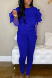 Blue Fashion Casual Adult Solid Patchwork See-through O Neck Long Sleeve Hubble-Bubble Sleeve Regular Two Pieces
