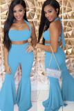 Blue Polyester Sexy Fashion adult Bandage backless Solid Two Piece Suits Boot Cut Sleeveless Two-piece P