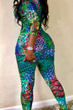 Green Polyester Fashion adult Sexy Leopard Print Two Piece Suits Slim fit Patchwork Camouflage pencil Long