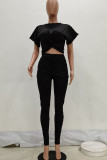Black Polyester Fashion Casual Patchwork Solid Two Piece Suits pencil Short Sleeve Two Pieces