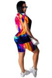 multicolor Polyester Fashion Casual adult Patchwork Print Two Piece Suits Straight Short Sleeve Two Pieces