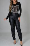 Red Fashion Sexy Patchwork See-through Hot Drill O Neck Skinny Romper