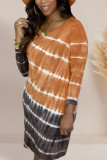 Brown Casual Polyester Print O Neck Long Sleeve Knee Length A Line Dresses