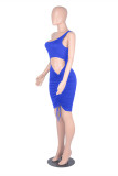 Blue Fashion Sexy Solid Hollowed Out One Shoulder Sleeveless Dress