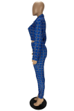 Deep Blue Casual Plaid Patchwork Turndown Collar Long Sleeve Two Pieces