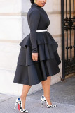 Black Fashion Sexy Solid Patchwork V Neck Long Sleeve Dress （Without Belt）