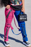 Blue Casual Plaid Straight High Waist Bottoms