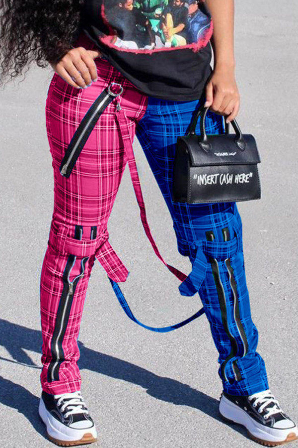 Rose Red Casual Plaid Straight High Waist Bottoms