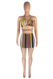 Purple Fashion Sexy Striped Print Backless Halter Sleeveless Two Pieces