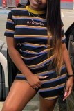 Black Fashion Casual Striped Print Basic O Neck Short Sleeve Two Pieces