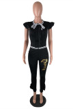 Black Fashion Casual Letter Print With Bow O Neck Skinny Jumpsuits