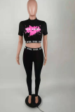 Pink Casual Print Letter Half A Turtleneck Short Sleeve Two Pieces