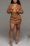 Yellow Sexy Round Collar Zipper Two Piece Suit