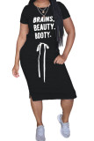 Black Fashion Casual Black Grey Wine Red Cap Sleeve Short Sleeves O neck Pencil Dress Mid-Calf Print Character Dresses