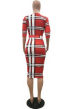 Red Sexy Plaid Striped With Belt V Neck Straight Dresses