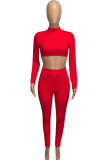 Red Fashion Street SportswearSolid Pullovers Half A Turtleneck Two Pieces