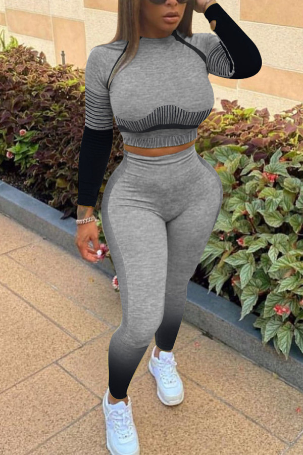 Black Sportswear Striped Patchwork O Neck Long Sleeve Two Pieces