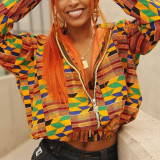 Orange Fashion Casual Print Patchwork Hooded Collar Outerwear