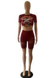 Red Fashion Sexy Print Ripped Hollowed Out O Neck Short Sleeve Two Pieces