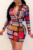 Black Sexy Print Split Joint O Neck Pencil Skirt Dresses