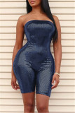 Blue Fashion Sexy Solid Backless Strapless Skinny Romper