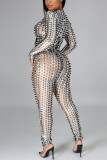 Silver Solid Ripped Hollowed Out See-through O Neck Regular Jumpsuits