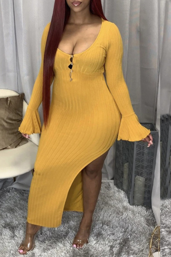 Yellow Sexy Solid Split Joint O Neck Irregular Dress Dresses
