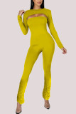 Yellow Fashion Sexy Adult Milk Fiber Solid Split Joint Fold O Neck Long Sleeve Regular Sleeve Short Two Pieces