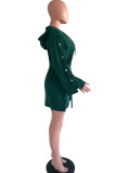 Green Street lantern sleeve Long Sleeves Hooded A-Line Knee-Length fastener Solid Casual Dresse