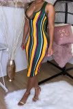 Yellow Polyester Fashion Sexy Red Blue Pink Yellow Wine Red Navy Blue Tank Sleeveless V Neck Hip skirt Knee-Length Striped Dresses