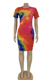 rose red Sexy Short Sleeves O neck Step Skirt Knee-Length Print Ombre Colouring Tie and dye Dresses