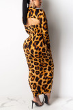 Green Street Print Leopard O Neck Long Sleeve Two Pieces